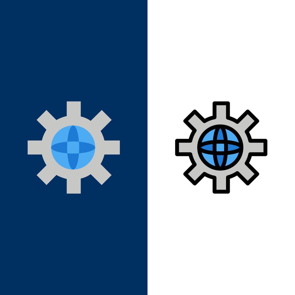Weltkugel Einstellung technische Symbole flach und Linie gefüllt Icon Set Vektor blauen Hintergrund