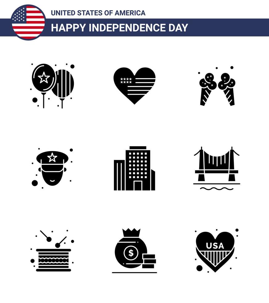 glücklicher unabhängigkeitstag usa paket mit 9 kreativen soliden glyphen des amerikanischen gebäudeeises polizist bearbeitbare usa tag vektordesignelemente vektor