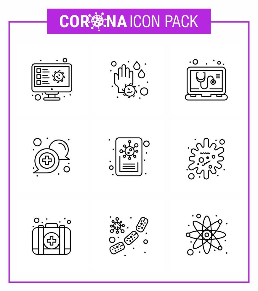 9 linje uppsättning av korona virus epidemi ikoner sådan som Stöd medicinsk vatten släppa kommunikation service viral coronavirus 2019 nov sjukdom vektor design element