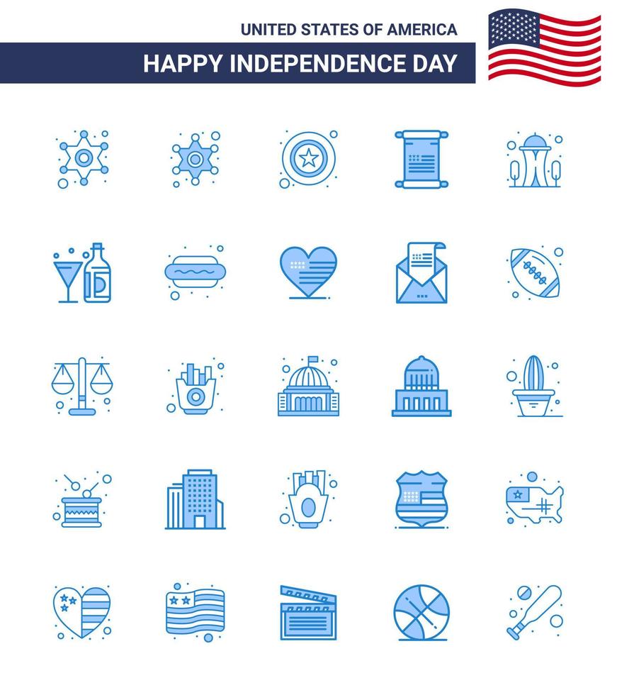 4:e juli USA Lycklig oberoende dag ikon symboler grupp av 25 modern blues av vin Plats skrolla nål byggnad redigerbar USA dag vektor design element