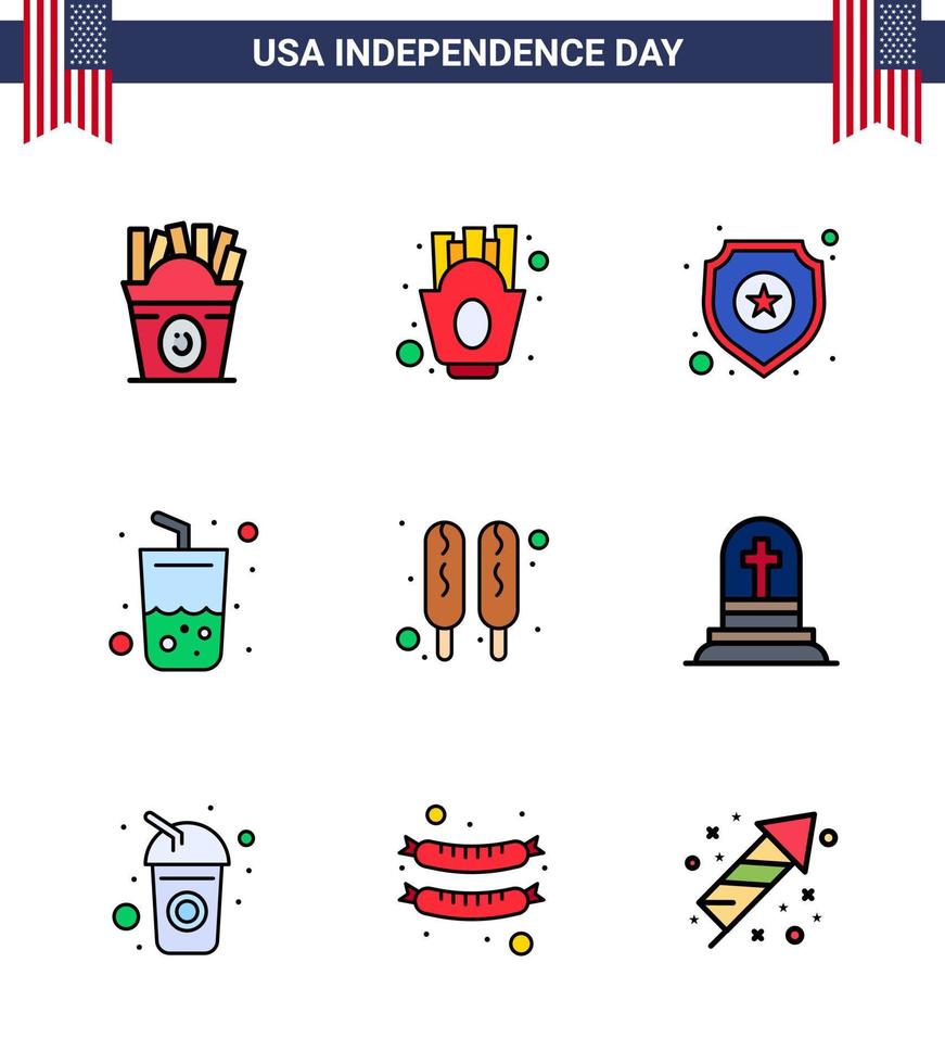 Flach gefüllte Linienpackung mit 9 Usa-Unabhängigkeitstag-Symbolen von Hot Dog Cola-Schild Sommerglas editierbare Usa-Tag-Vektordesign-Elemente vektor