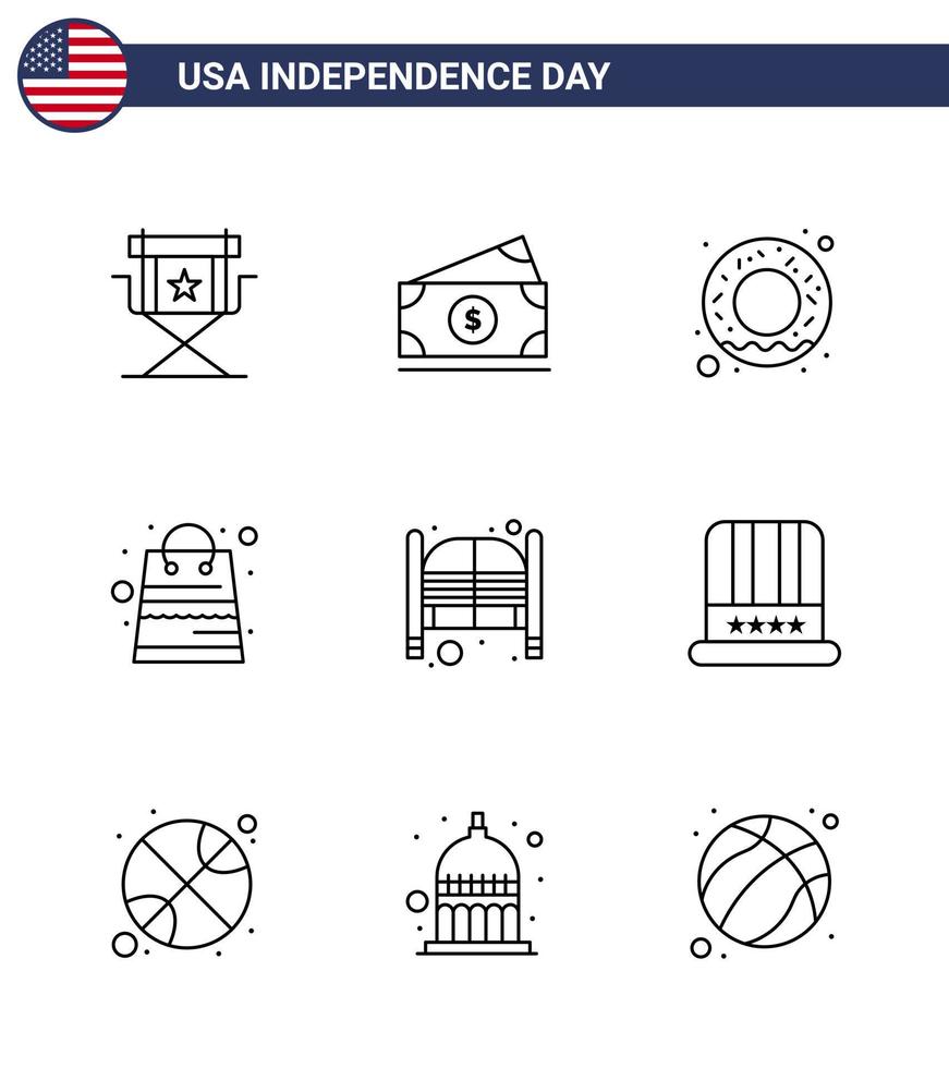 Stock Vector Icon Pack von American Day 9 Zeilenzeichen und Symbolen für Türen Shop Usa-Pakete Tasche editierbare Usa-Tag-Vektor-Designelemente