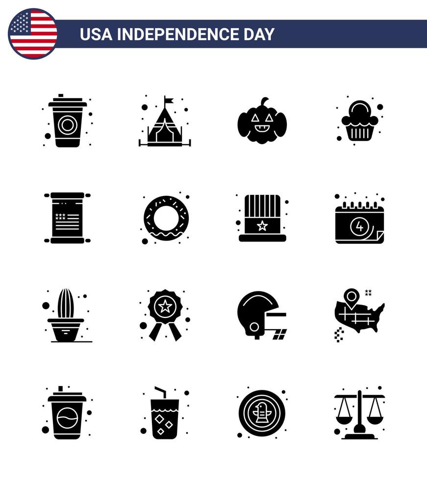 Packung mit 16 kreativen usa-Unabhängigkeitstag-bezogenen soliden Glyphen von Donut amerikanische usa-Textfeier editierbare usa-Tag-Vektordesign-Elemente vektor