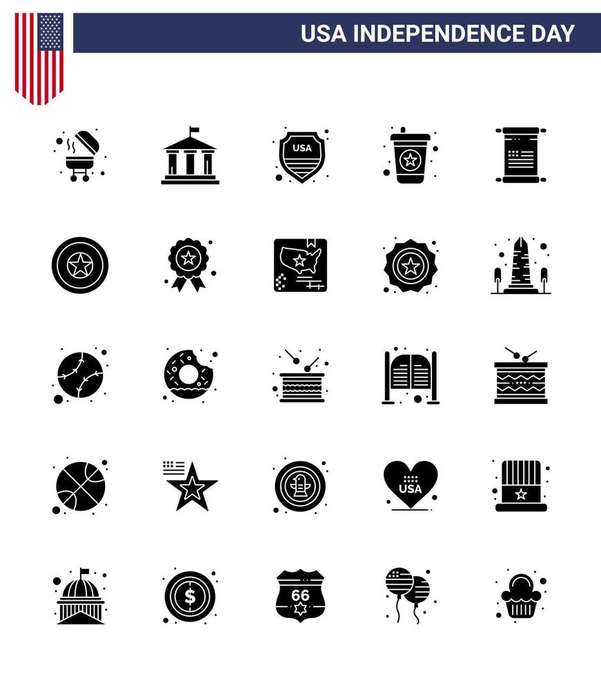 USA Lycklig oberoende dag piktogram uppsättning av 25 enkel fast glyf av USA text skydda skrolla dryck redigerbar USA dag vektor design element