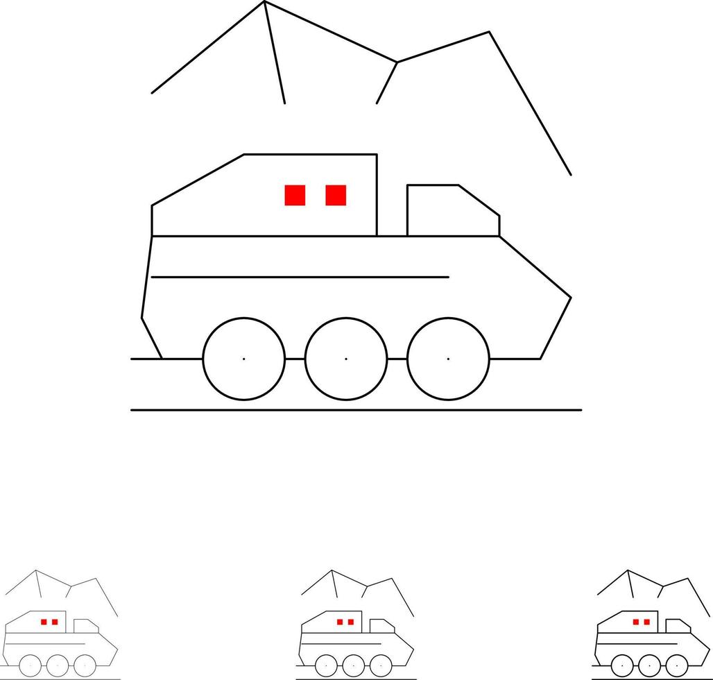 Exploration Planet Rover Oberflächentransport Fett und dünne schwarze Linie Symbolsatz vektor