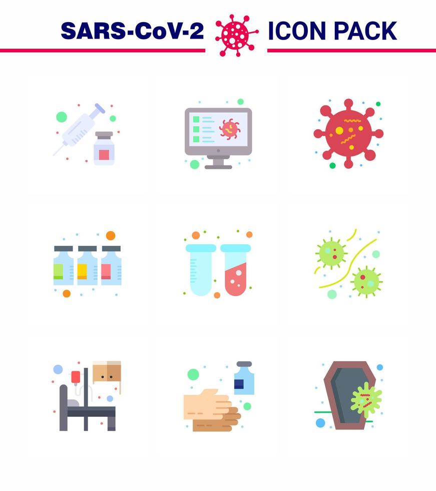 Corona-Virus-Krankheit 9 flaches Farbsymbolpaket saugt als Chemie-Medizin-Aufzeichnungsmedikamente Corona-Virus virales Coronavirus 2019nov-Krankheitsvektor-Designelemente vektor