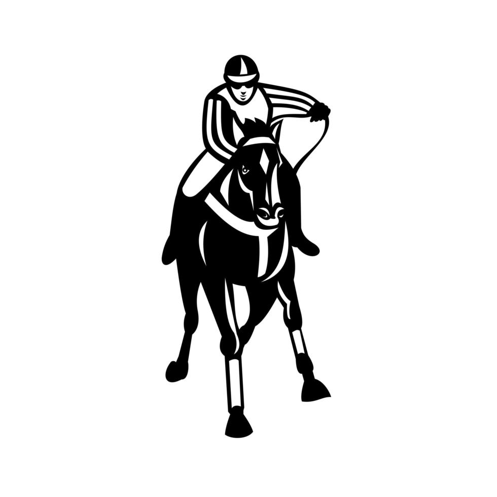jockey racing fullblod häst galopp framifrån retro svart och vitt vektor