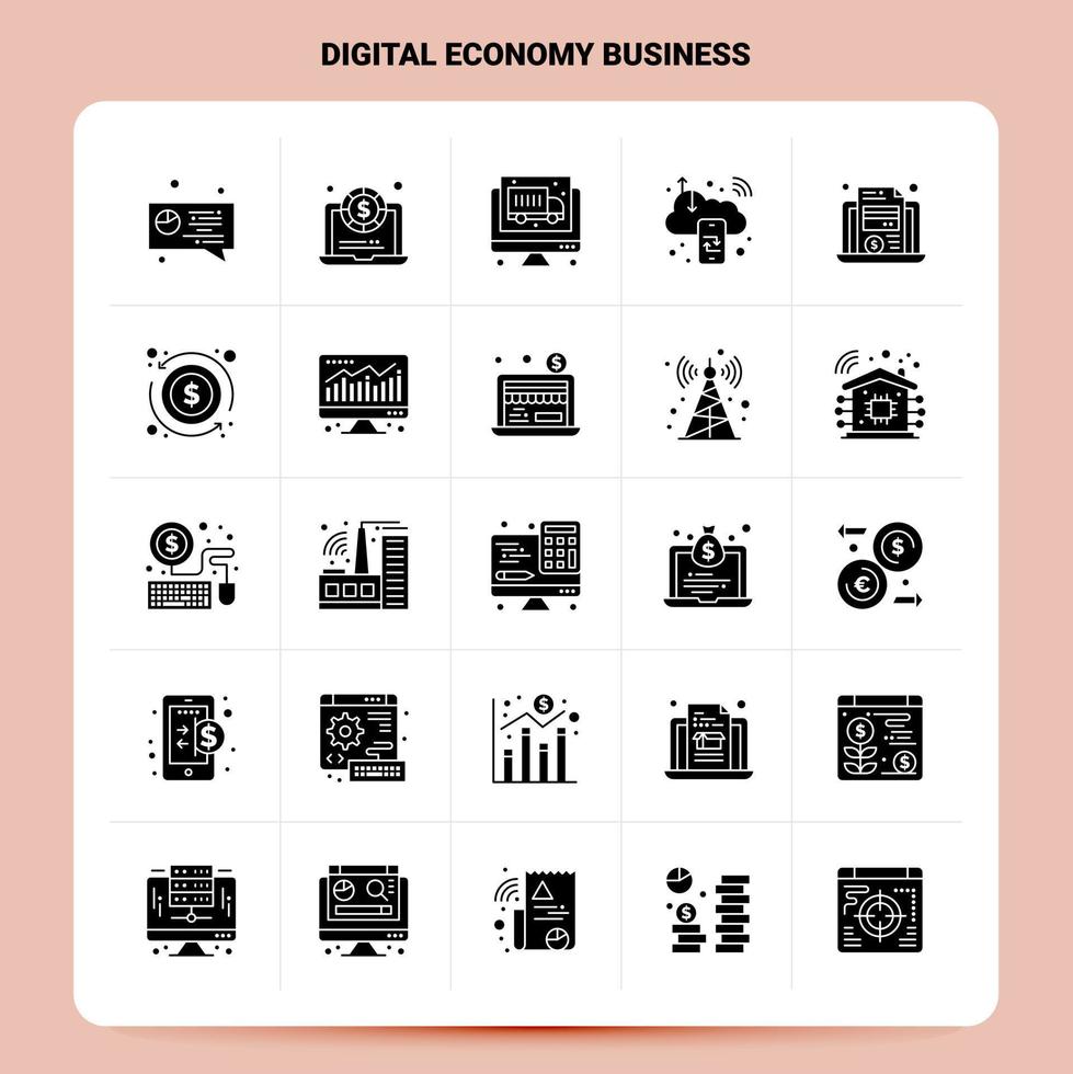 fast 25 digital ekonomi företag ikon uppsättning vektor glyf stil design svart ikoner uppsättning webb och mobil företag idéer design vektor illustration