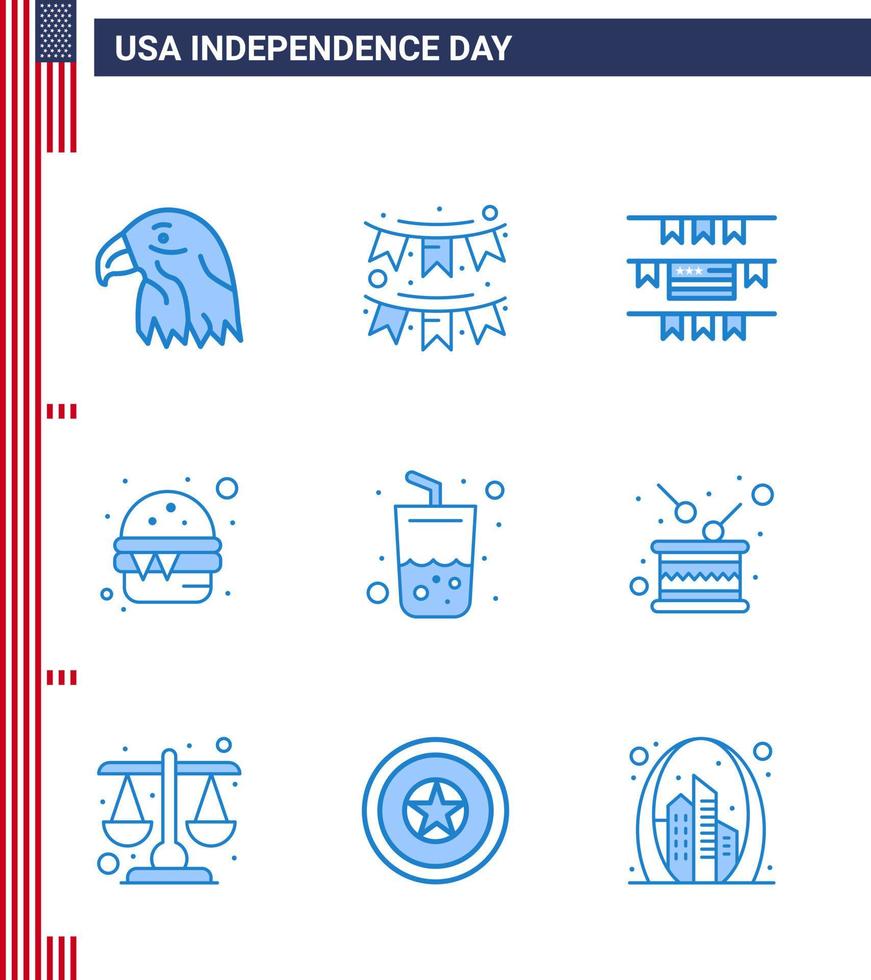 9 USA blå tecken oberoende dag firande symboler av dryck måltid krans mat burger redigerbar USA dag vektor design element