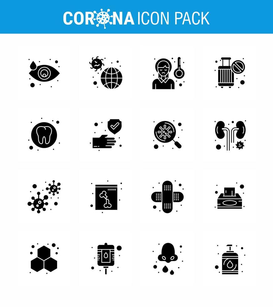 Coronavirus 16 Solid Glyph Black Icon Set zum Thema Corona-Epidemie enthält Icons wie Stop Cancel Virus Ban Krankes Virus Coronavirus 2019nov Disease Vector Design Elements