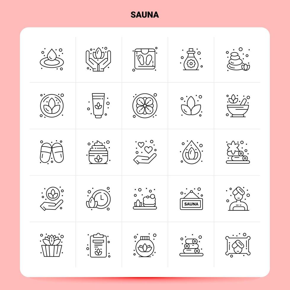 Umriss 25 Sauna Icon Set Vektor Line Style Design Schwarze Icons Set Linear Piktogramm Pack Web und mobile Geschäftsideen Design Vektor Illustration