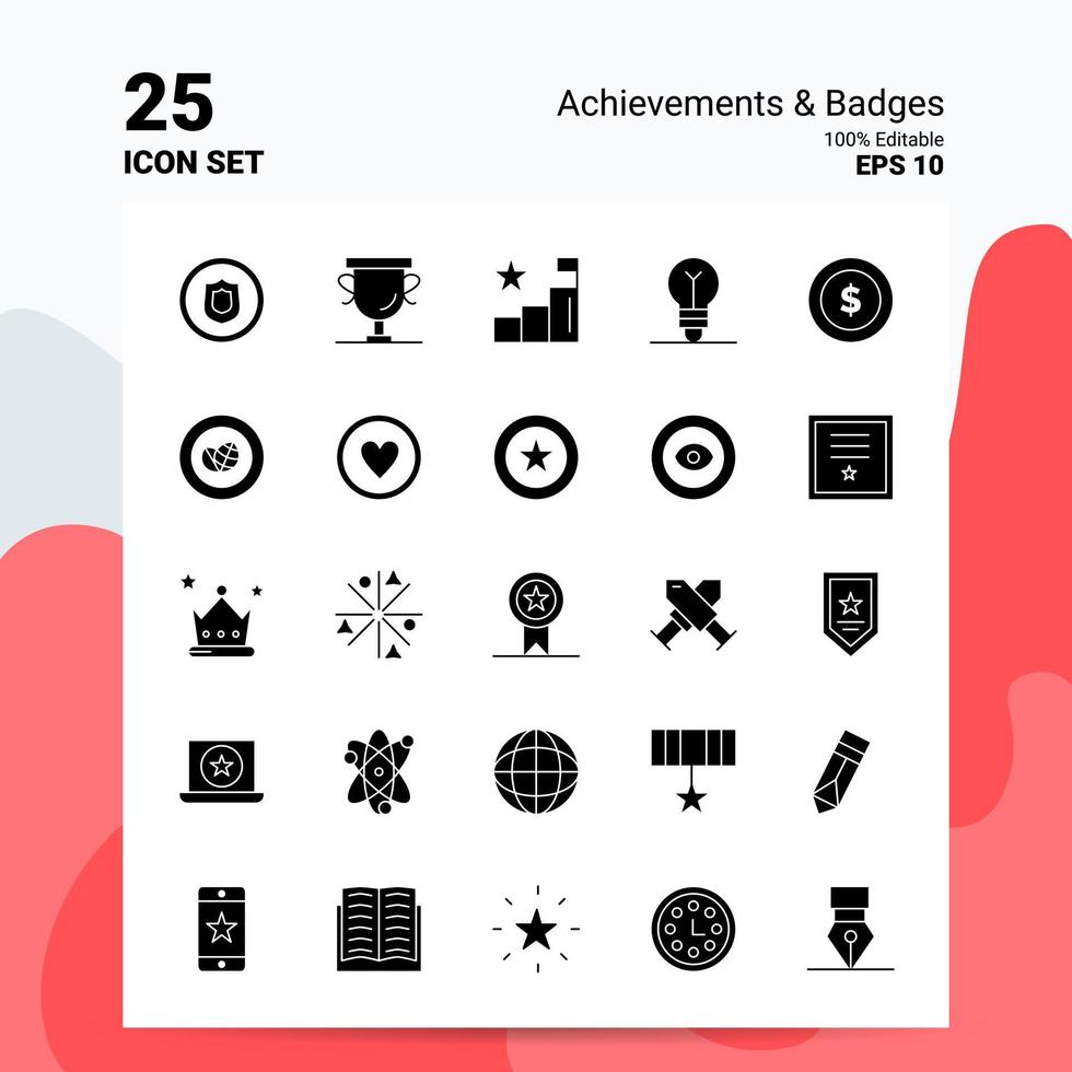 25 Achievements Abzeichen Icon Set 100 bearbeitbare Eps 10 Dateien Business Logo Konzept Ideen solides Glyph Icon Design vektor