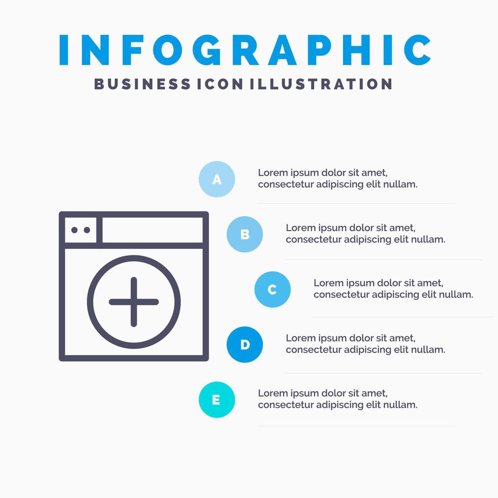 Fenster hinzufügen neue Grafik-App-Liniensymbol mit 5-Schritten-Präsentations-Infografiken-Hintergrund vektor