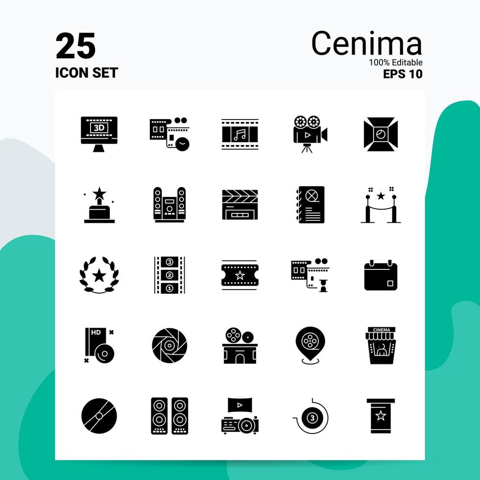 25 Cenima-Icon-Set 100 bearbeitbare eps 10-Dateien Business-Logo-Konzept-Ideen solides Glyphen-Icon-Design vektor