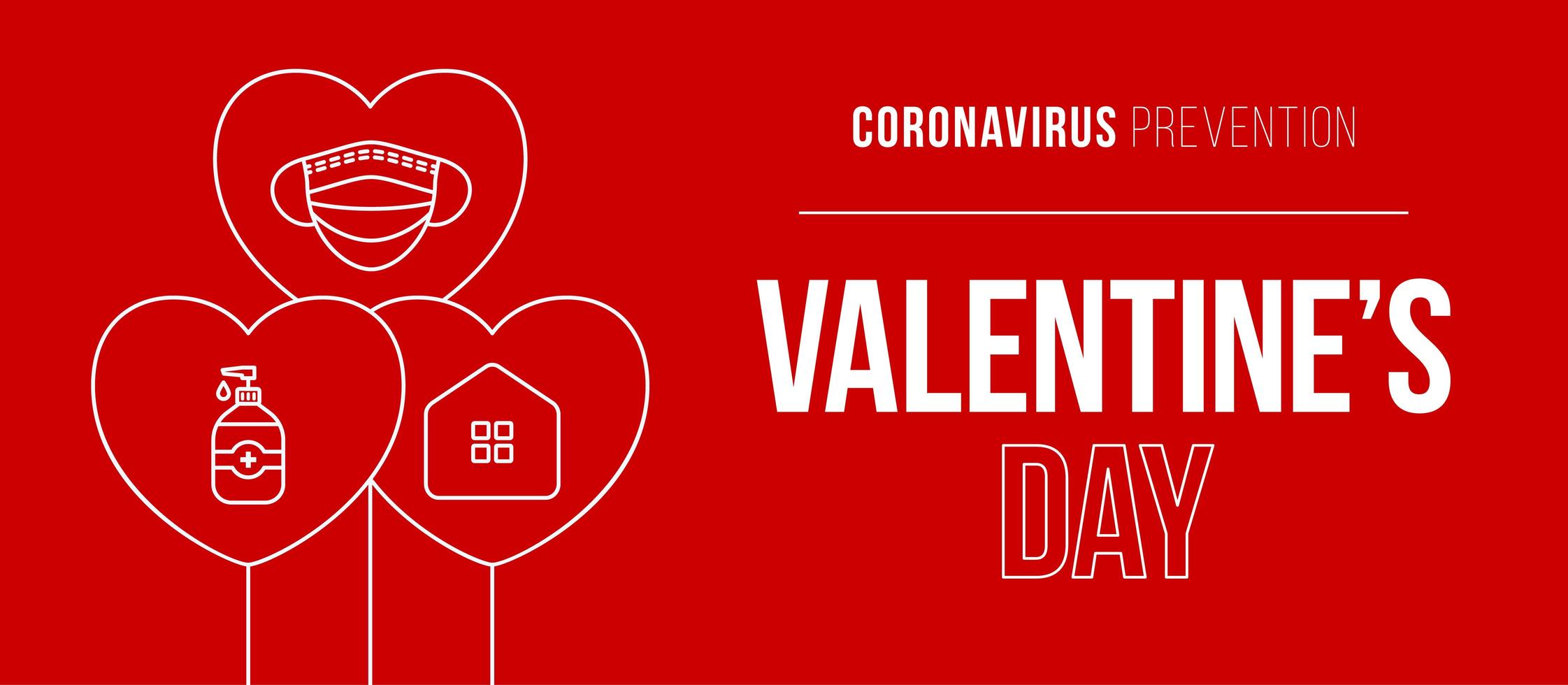 Valentinstag Coronavirus Herz Ballon Banner. Valentinstag Liebesereignisse und Feiertage während einer Pandemievektorillustration auf rotem Hintergrund. Covid-Prävention. vektor