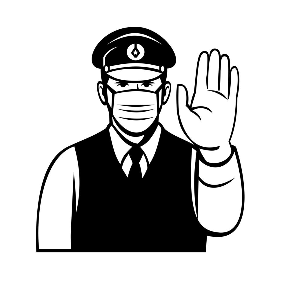 japanischer Polizist oder Polizist, der Gesichtsmaske trägt, die Stopphandsignal-Schwarzweiss-Karikatur zeigt vektor