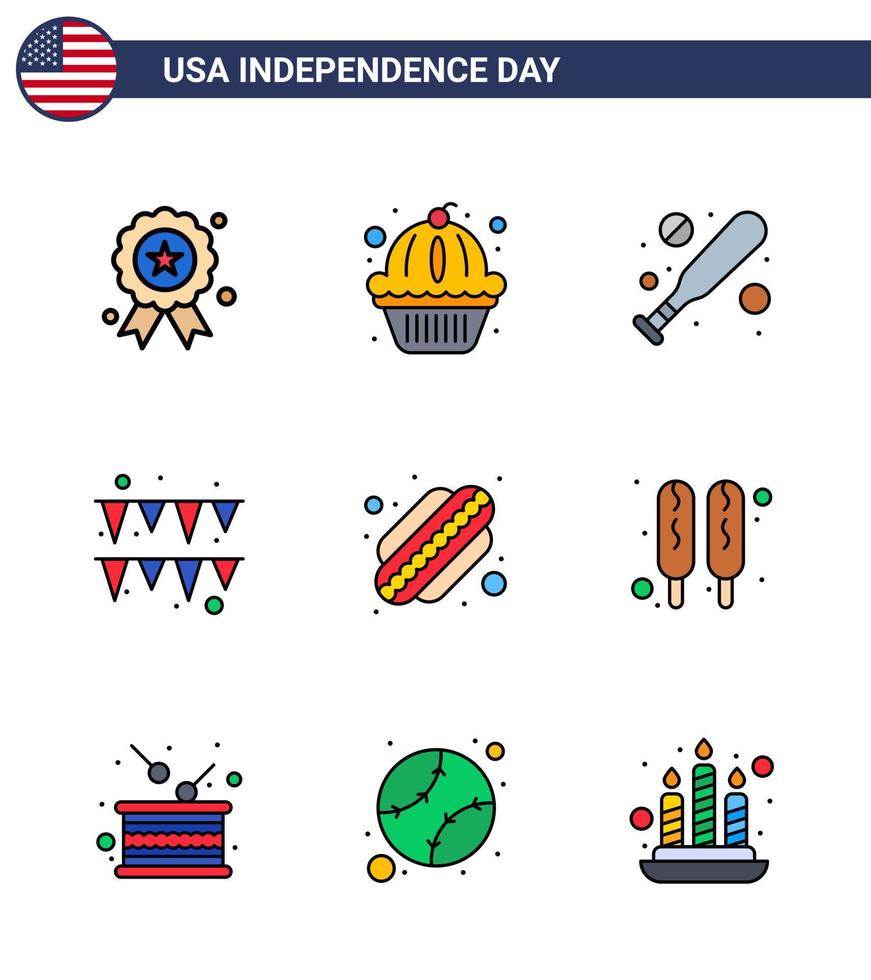 Usa Happy Independence DayPiktogrammsatz aus 9 einfachen, flach gefüllten Linien von Corn Dog Hotdog Baseball American Girlande editierbare Usa Day Vektordesign-Elemente vektor