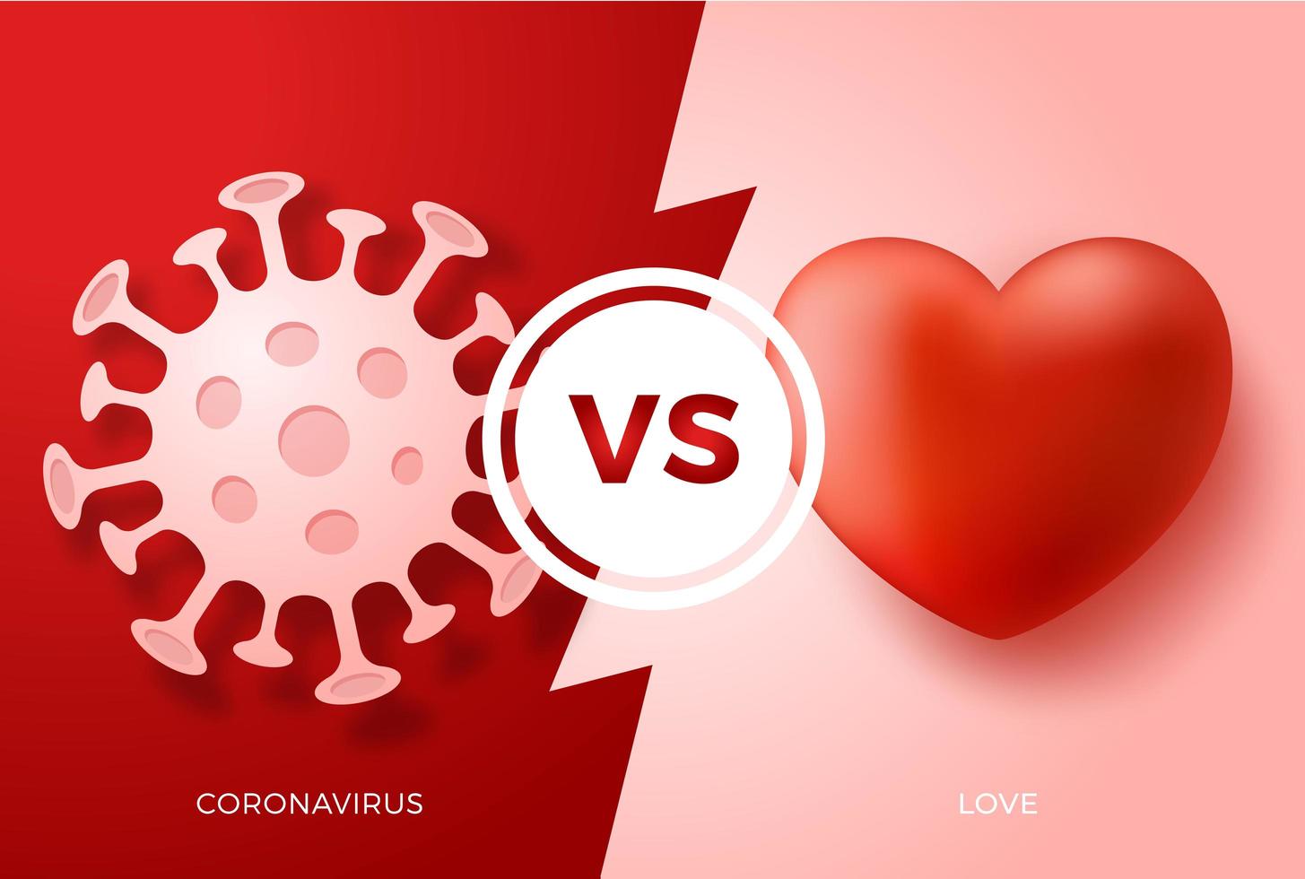 Alla hjärtans dag vs coronavirus koncept. älskar hjärta kontra virus. skydd covid tecken vektorillustration. covid-19 förebyggande design bakgrund vektor