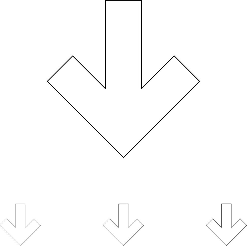 pil ner tillbaka djärv och tunn svart linje ikon uppsättning vektor