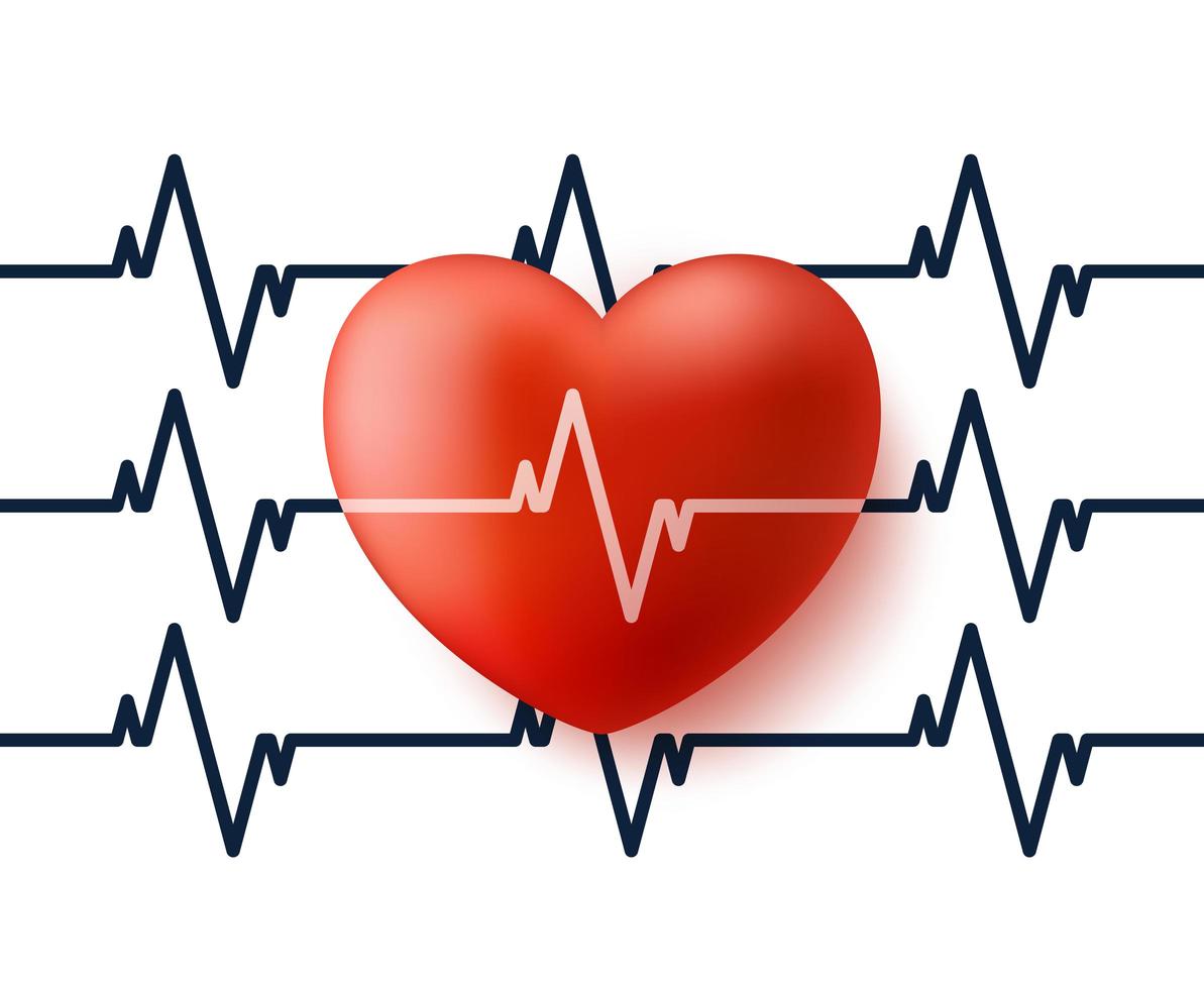 hjärta och puls. Hjärta för vektor 3d med illustration för vektor för kardiogramreflexionssymbol. Alla hjärtans dag banner eller kort