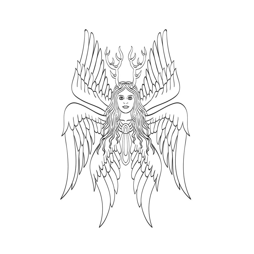 seraf eller serafer en sexvingad eldig ängel med sex vingar och hjorthorn tatueringsstil svartvitt vektor