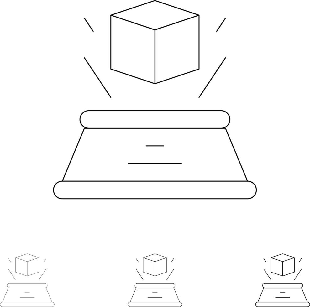 3D-Box-Hologramm-Phantasie-Präsentation Fett und dünne schwarze Linie Symbolsatz vektor