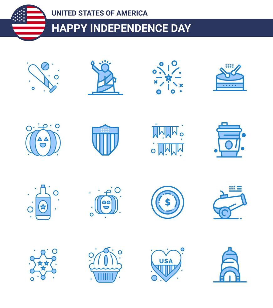 gruppe von 16 blues für den unabhängigkeitstag der vereinigten staaten von amerika wie parade instrument statue drum american editable usa day vector design elements