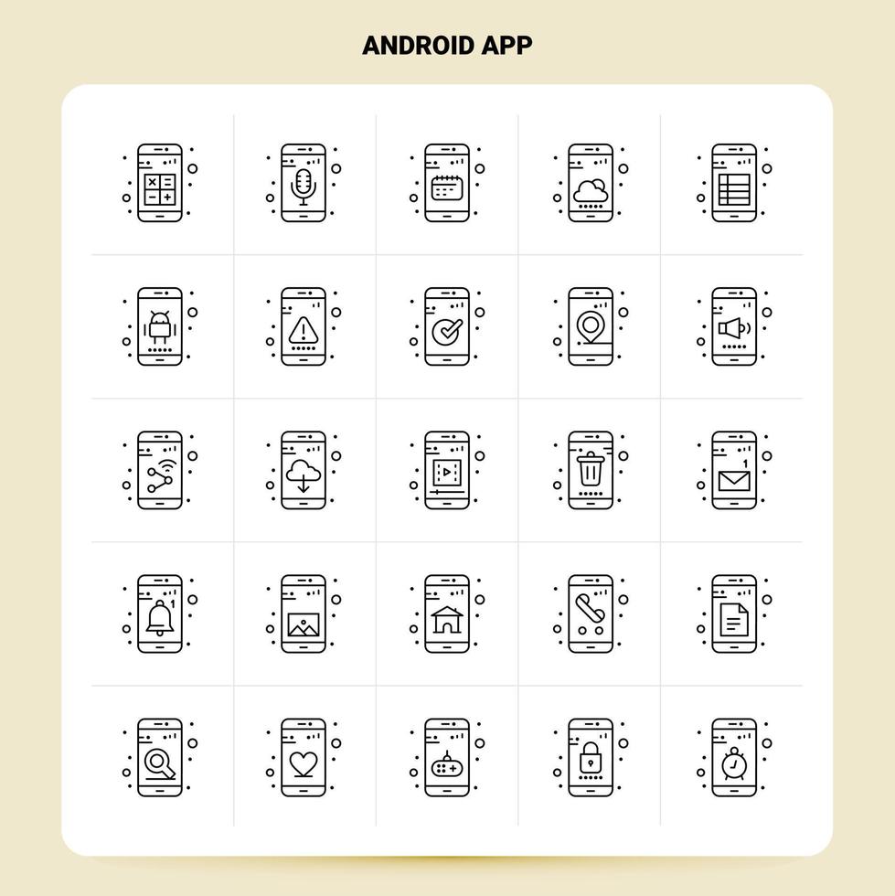 översikt 25 android app ikon uppsättning vektor linje stil design svart ikoner uppsättning linjär piktogram packa webb och mobil företag idéer design vektor illustration