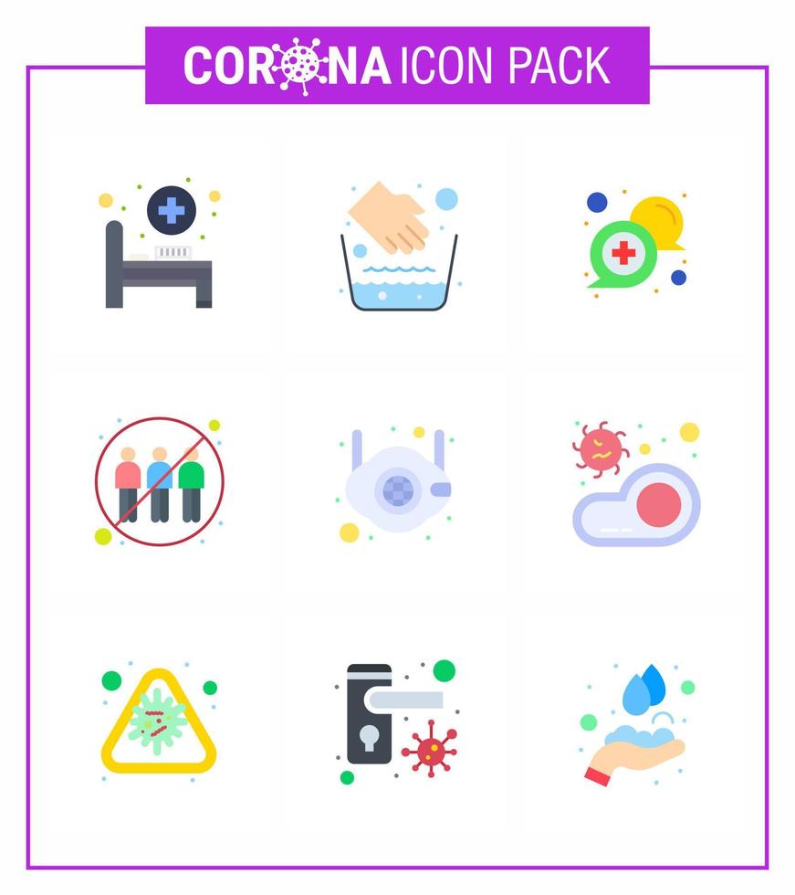Corona-Virus-Prävention covid19 Tipps zur Vermeidung von Verletzungen 9 flaches Farbsymbol für die Präsentation Gesichtsinfektionskommunikation menschliche Kommunikation Virus-Coronavirus 2019nov-Krankheitsvektor-Designelemente vektor
