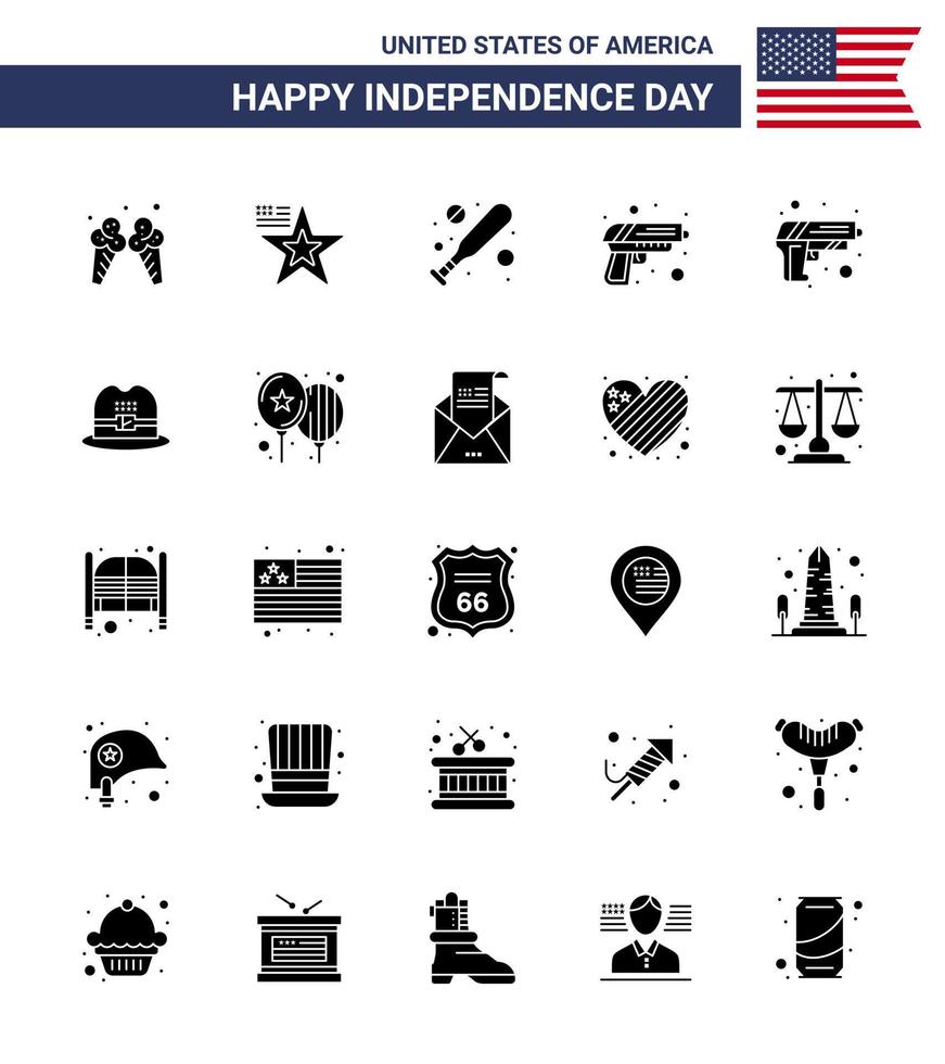 Stock Vector Icon Pack von American Day 25 Solid Glyph Zeichen und Symbolen für American Hat Baseball Waffe Sicherheit editierbare Usa Day Vektor Design Elemente