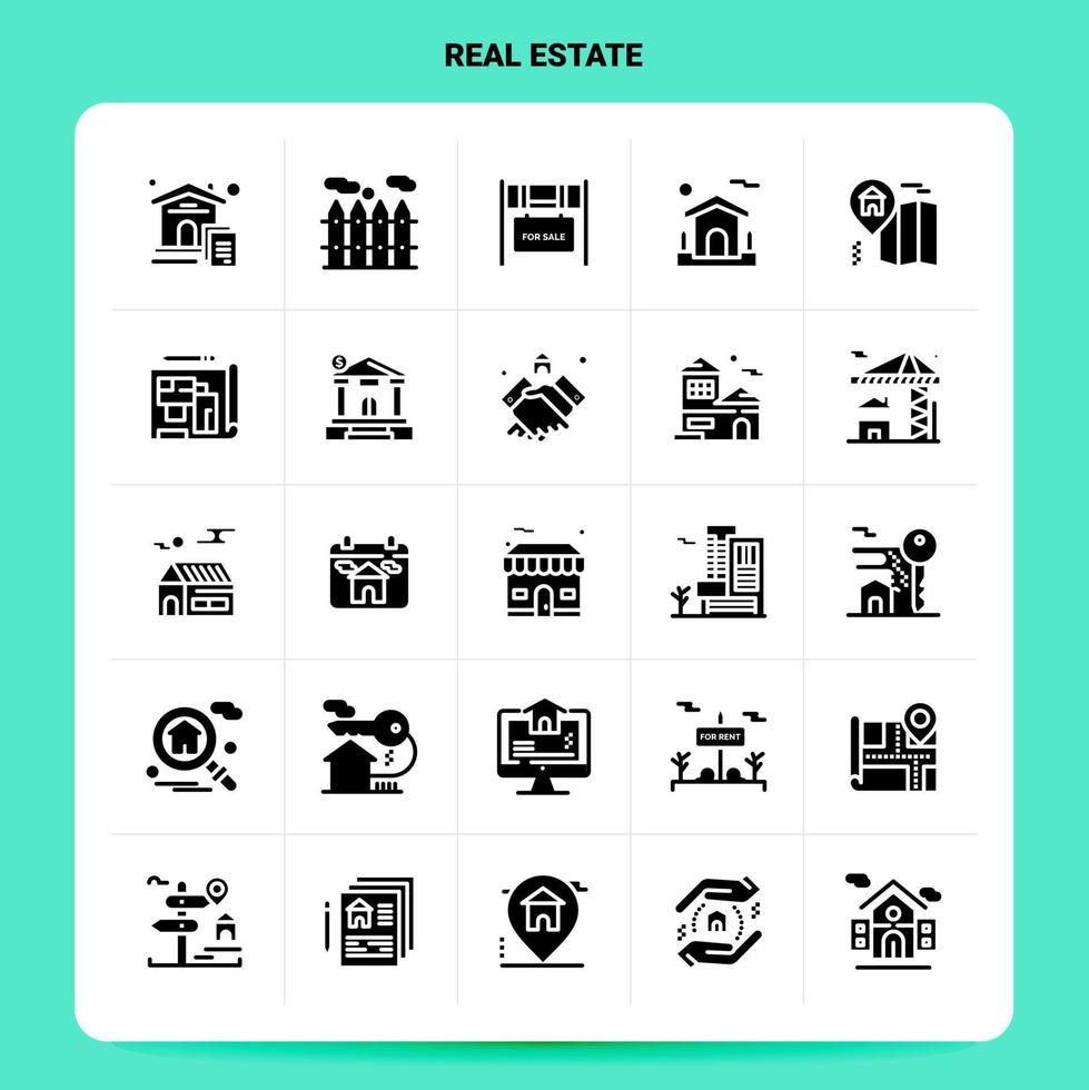 solide 25 Immobilien Icon Set Vektor Glyphe Stil Design schwarze Icons Set Web und mobile Geschäftsideen Design Vektor Illustration