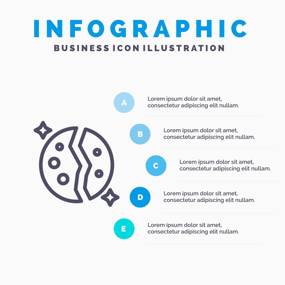 Astronomie zerstörte Galaxie Planet Space Line Symbol mit 5 Schritten Präsentation Infografiken Hintergrund vektor