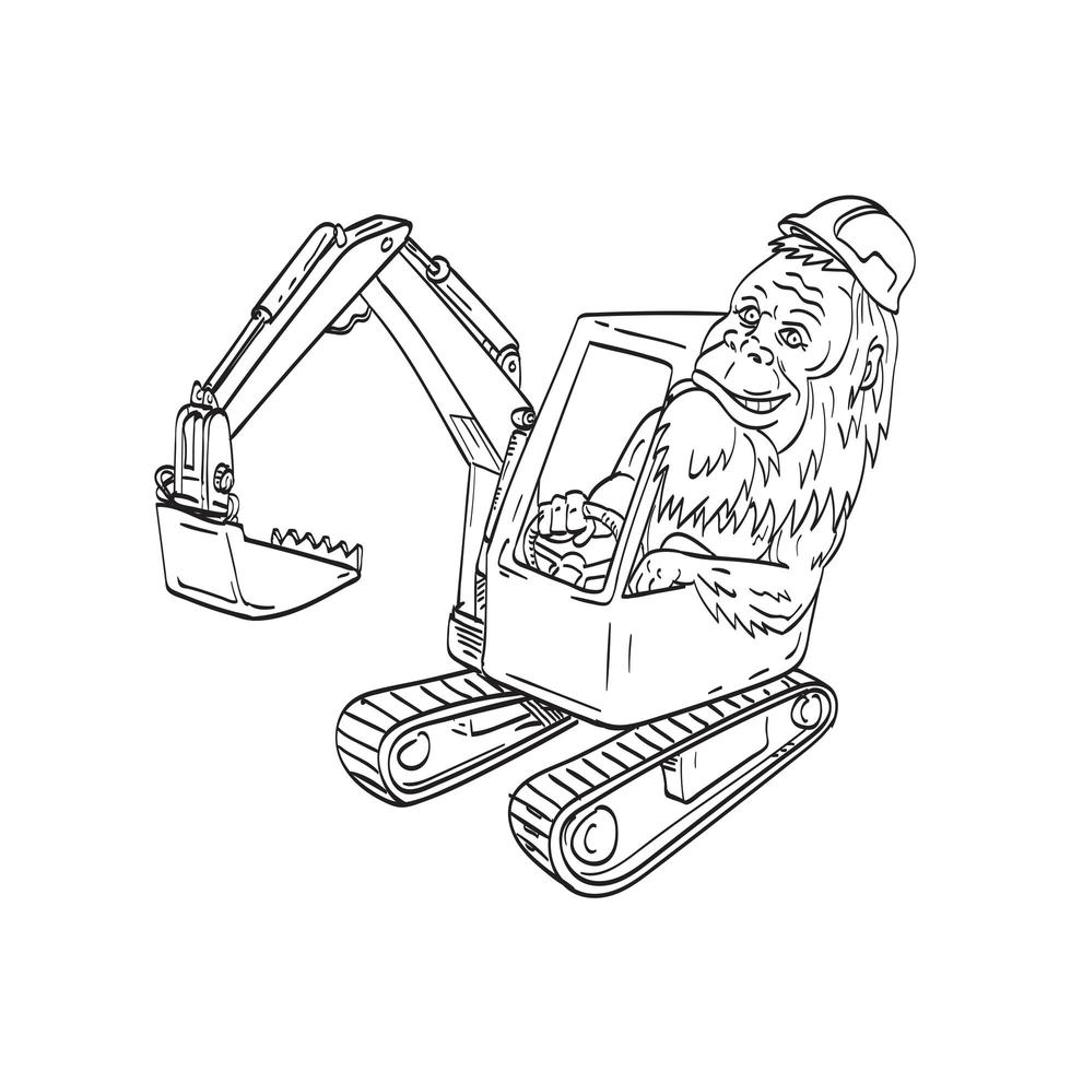 sasquatch eller bigfoot bär hårdhat driver en mekanisk grävmaskin grävmaskin linje konst ritning illustration vektor