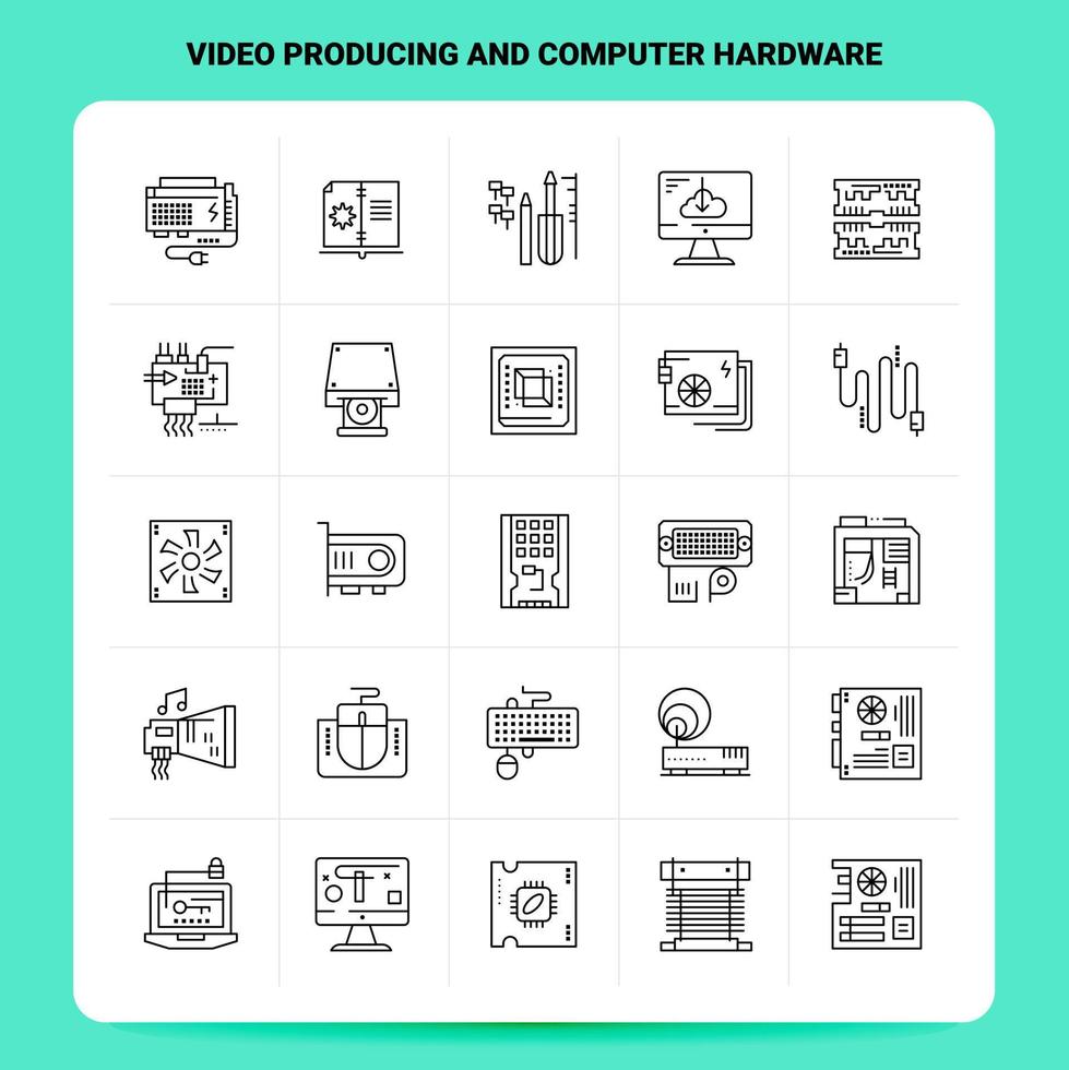 Umriss 25 Videoproduktion und Computerhardware Icon Set Vektor Linienstil Design schwarze Icons Set lineares Piktogrammpaket Web und mobile Geschäftsideen entwerfen Vektorillustration