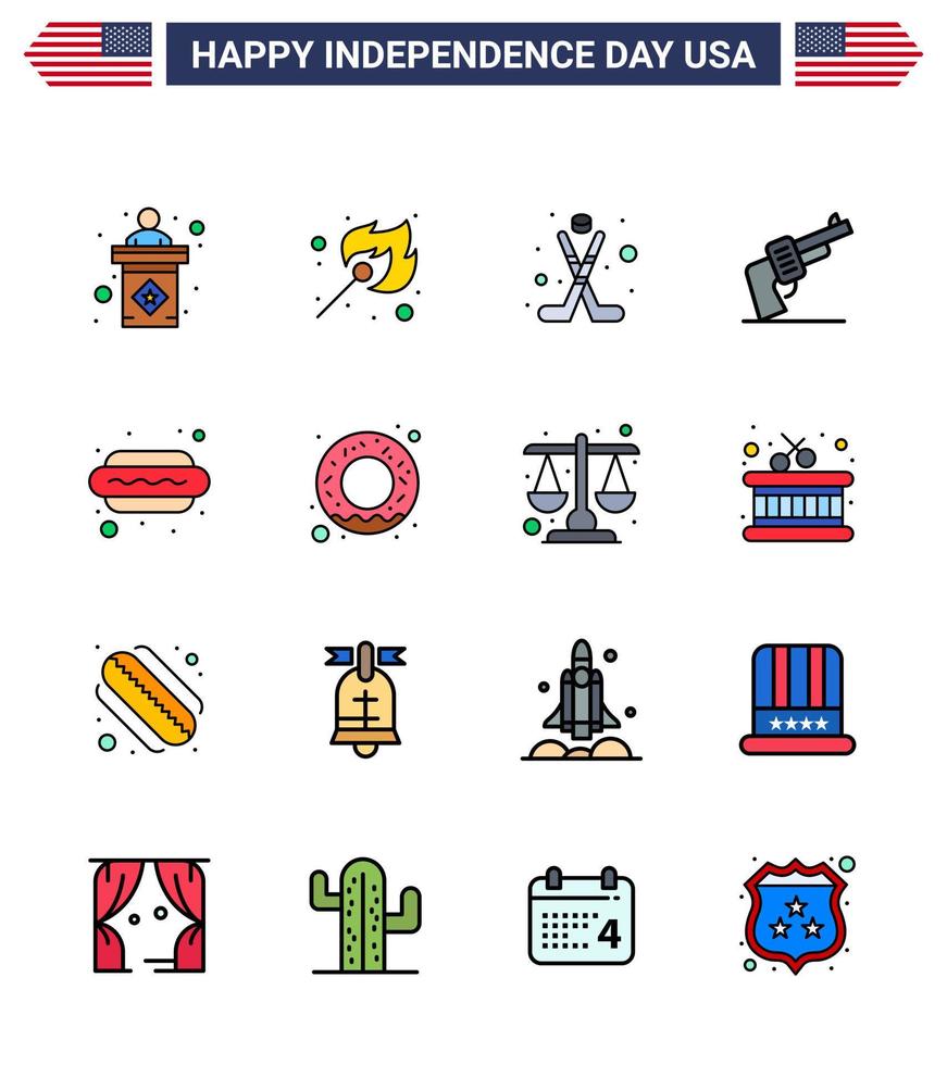 Lycklig oberoende dag 16 platt fylld rader ikon packa för webb och skriva ut hund amerikan amerikan vapen pistol redigerbar USA dag vektor design element