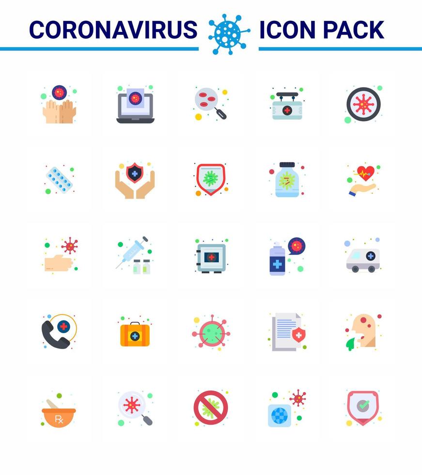 Einfacher Satz von covid19-Schutzblau 25-Icon-Pack-Symbol inklusive Zeichen Krankenhaus-Virus-Board-Probe virales Coronavirus 2019nov-Krankheitsvektor-Designelemente vektor