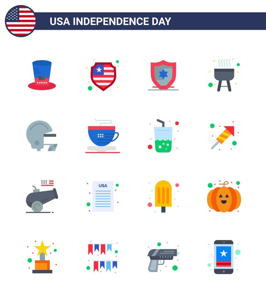 Usa Happy Independence DayPiktogrammsatz von 16 einfachen Wohnungen mit Getränkekaffee-Grilltassenhelm editierbare Usa-Tag-Vektordesign-Elemente vektor