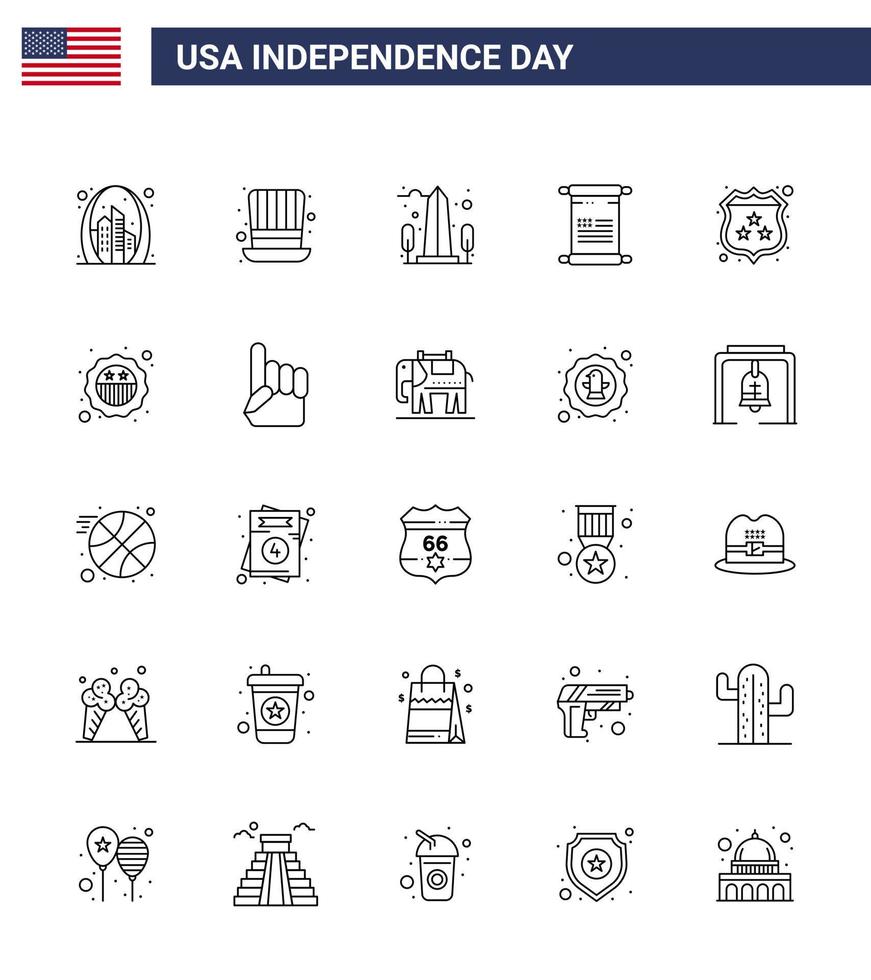 uppsättning av 25 vektor rader på 4:e juli USA oberoende dag sådan som USA text USA skrolla USA redigerbar USA dag vektor design element