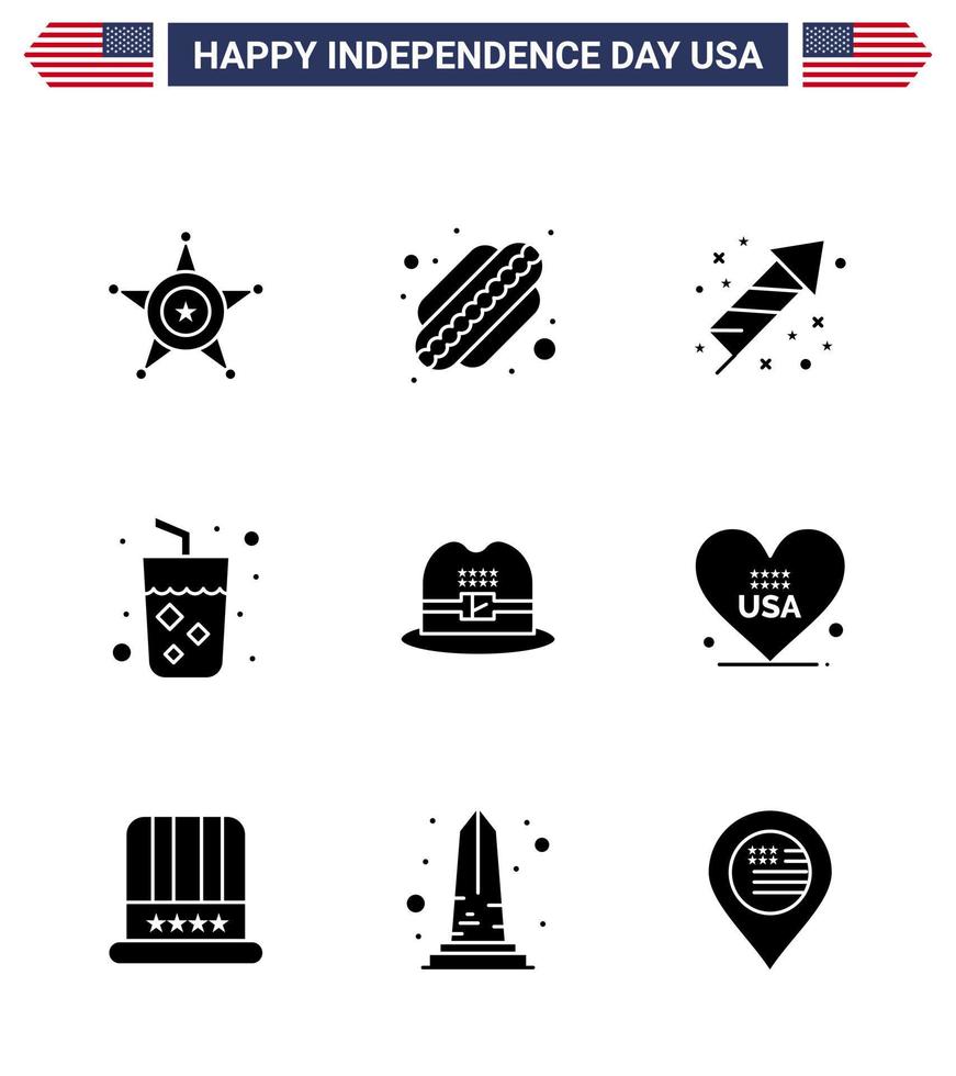 9 solide Glyphenzeichen für Usa-Unabhängigkeitstag, amerikanisches Hutfest, Weingetränk, bearbeitbare Usa-Tag-Vektordesign-Elemente vektor