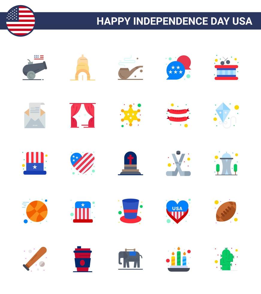 Happy Independence Day Pack mit 25 flachen Zeichen und Symbolen für E-Mail-Instrument Rauchtrommel Stern editierbare usa-Tag-Vektordesign-Elemente vektor