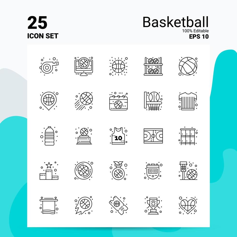 25 Basketball-Icon-Set 100 bearbeitbare Eps 10 Dateien Business-Logo-Konzept-Ideen-Line-Icon-Design vektor