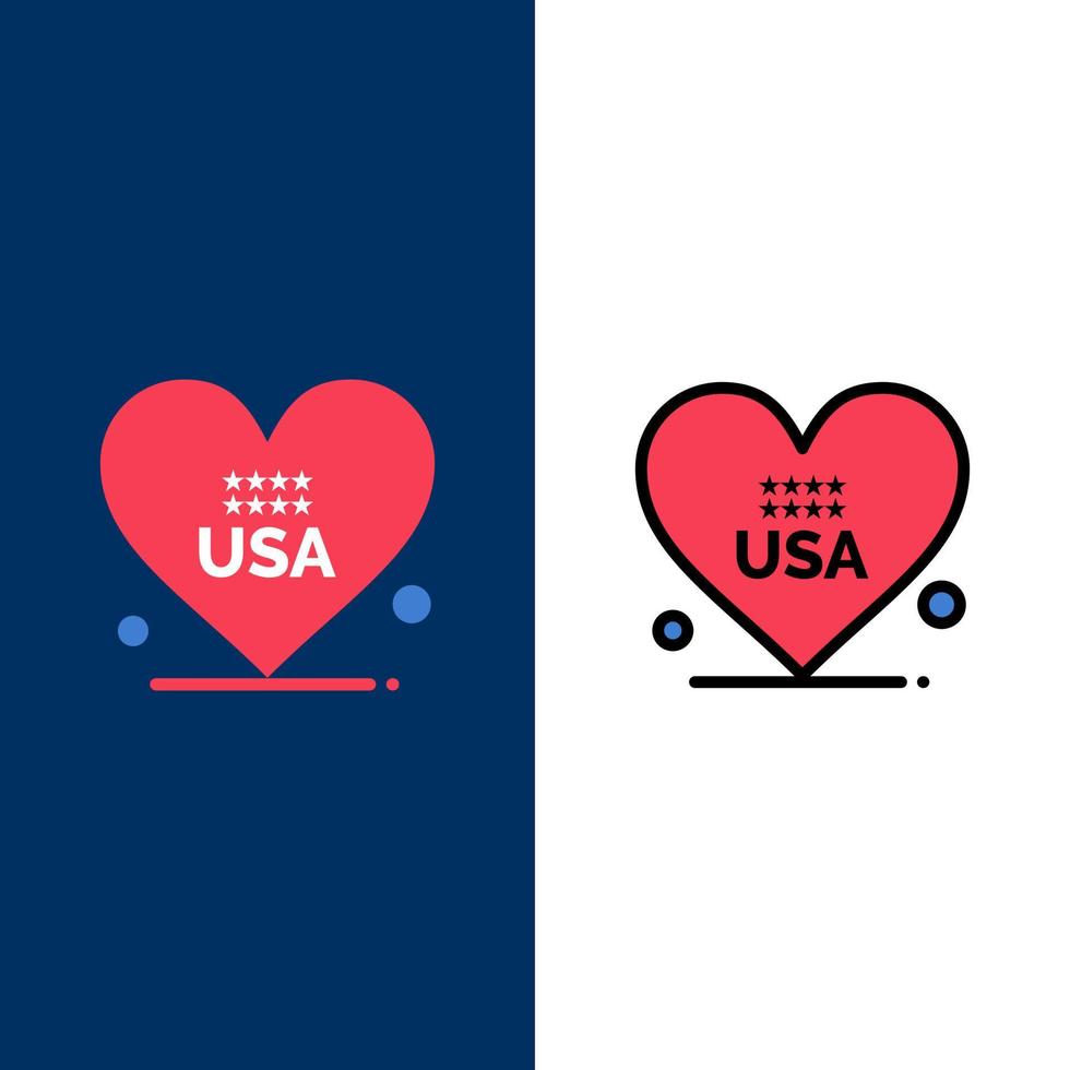 Herz Liebe amerikanische Usa Symbole flach und Linie gefüllt Symbolsatz Vektor blauen Hintergrund