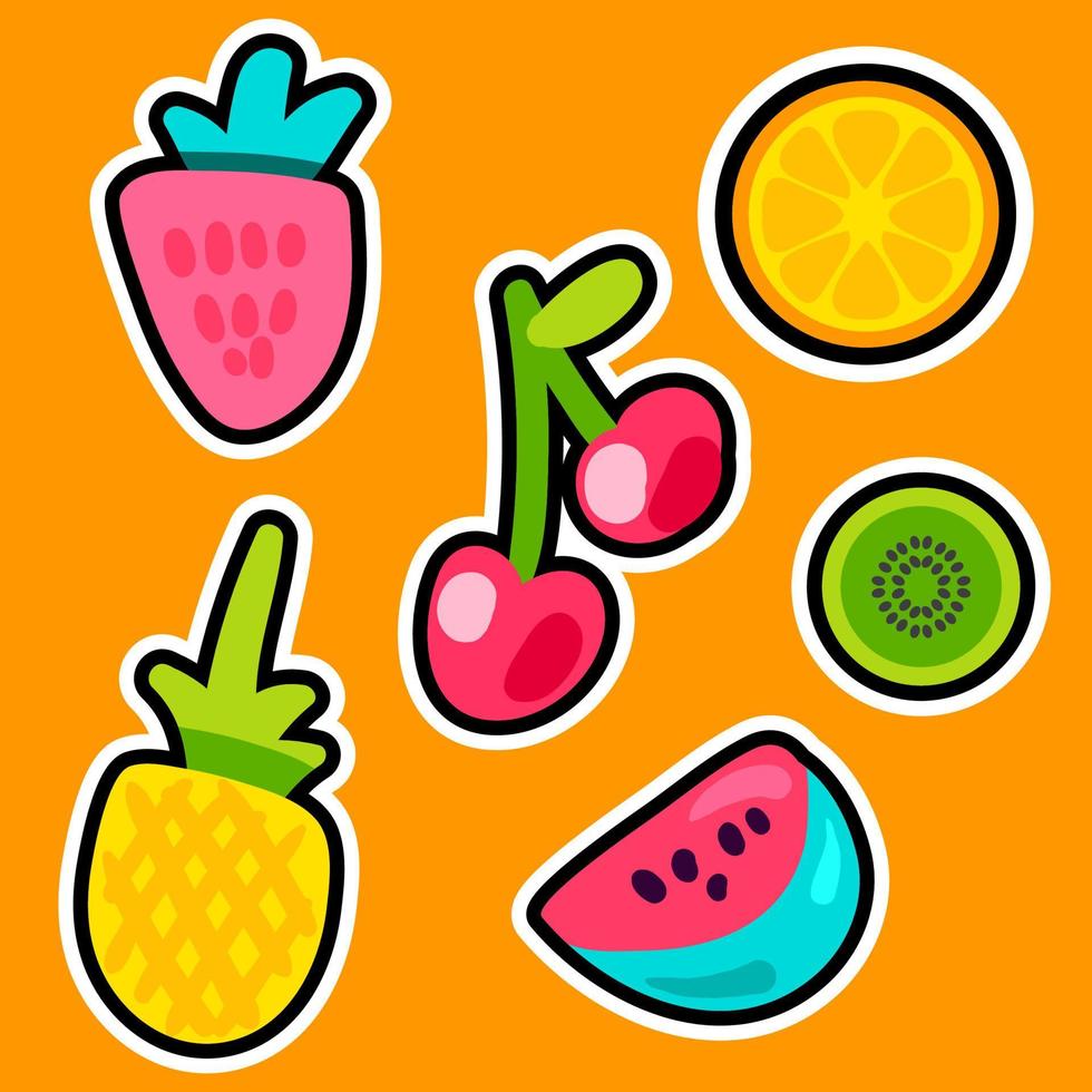 frukt doodle färg klistermärken set vektor
