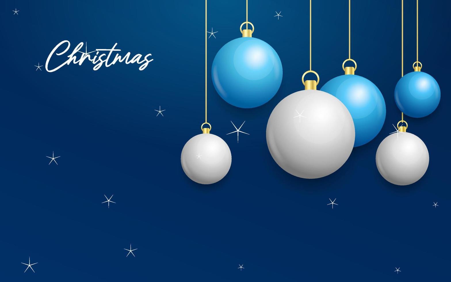 weihnachtsblauer hintergrund mit hängenden glänzenden weißen und silbernen kugeln. frohe weihnachten grußkarte vektor