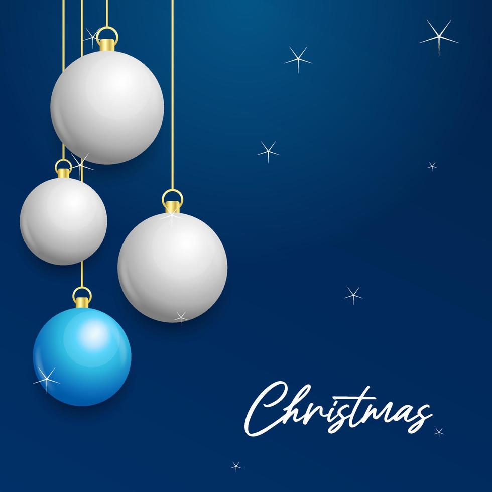 weihnachtsblauer hintergrund mit hängenden glänzenden weißen und silbernen kugeln. frohe weihnachten grußkarte vektor