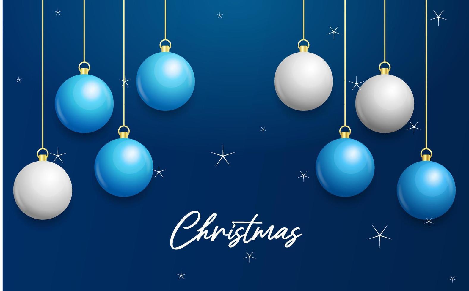 weihnachtsblauer hintergrund mit hängenden glänzenden weißen und silbernen kugeln. frohe weihnachten grußkarte vektor