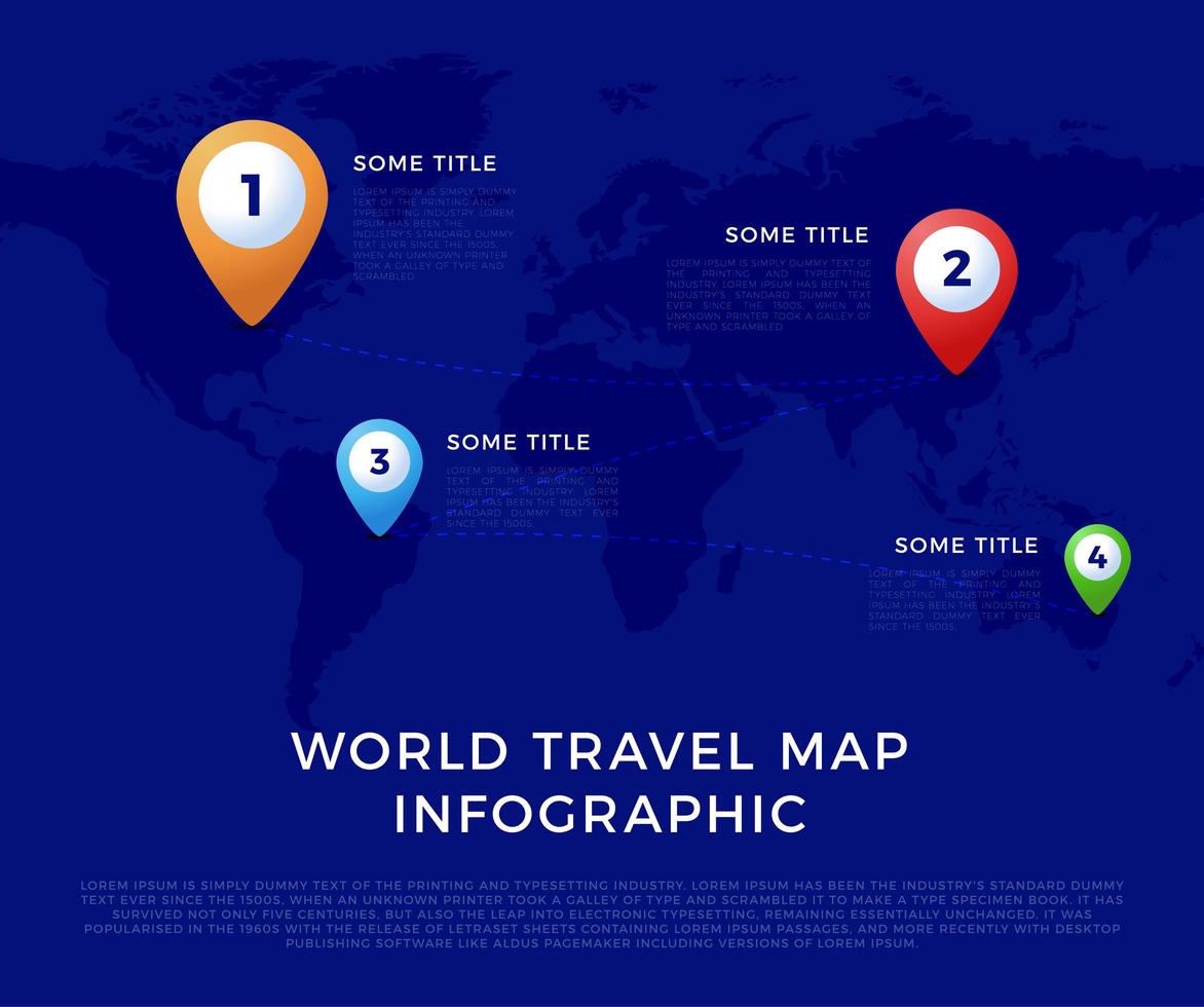 Infografik-Vorlage für Weltreisekarte, Farbsymbole als Datenvisualisierung. Infografik-Vektorschablone der Weltkarte, Farbsymbole als Datenvisualisierung vektor