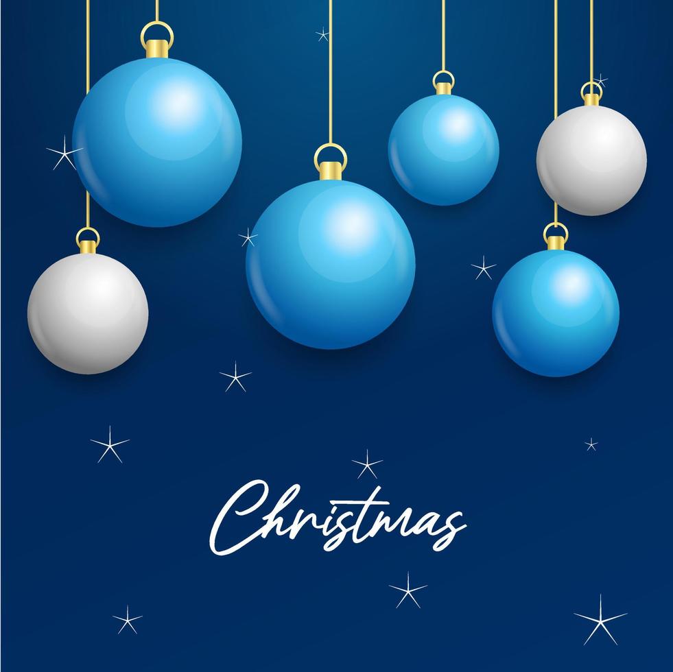 weihnachtsblauer hintergrund mit hängenden glänzenden weißen und silbernen kugeln. frohe weihnachten grußkarte vektor