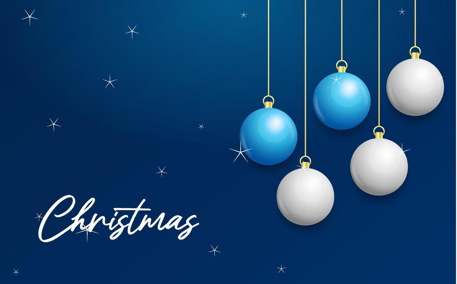 weihnachtsblauer hintergrund mit hängenden glänzenden weißen und silbernen kugeln. frohe weihnachten grußkarte vektor