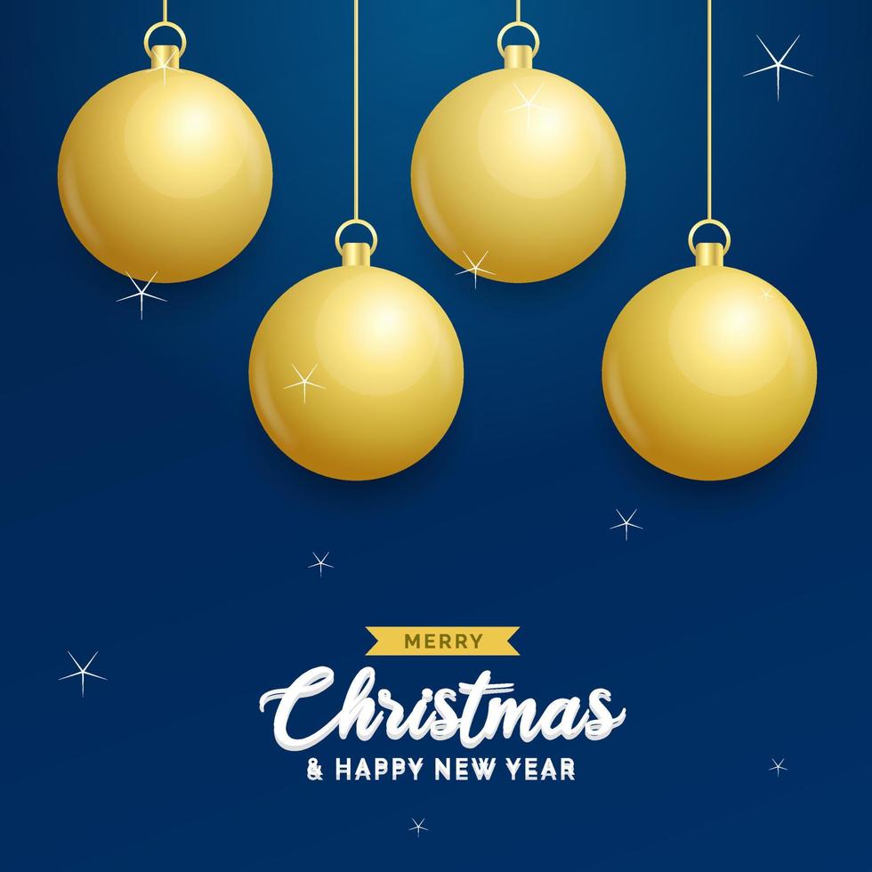 weihnachtsblauer hintergrund mit hängenden glänzenden goldenen kugeln. frohe weihnachten grußkarte. Feiertagsweihnachts- und Neujahrsplakat. Web-Banner vektor